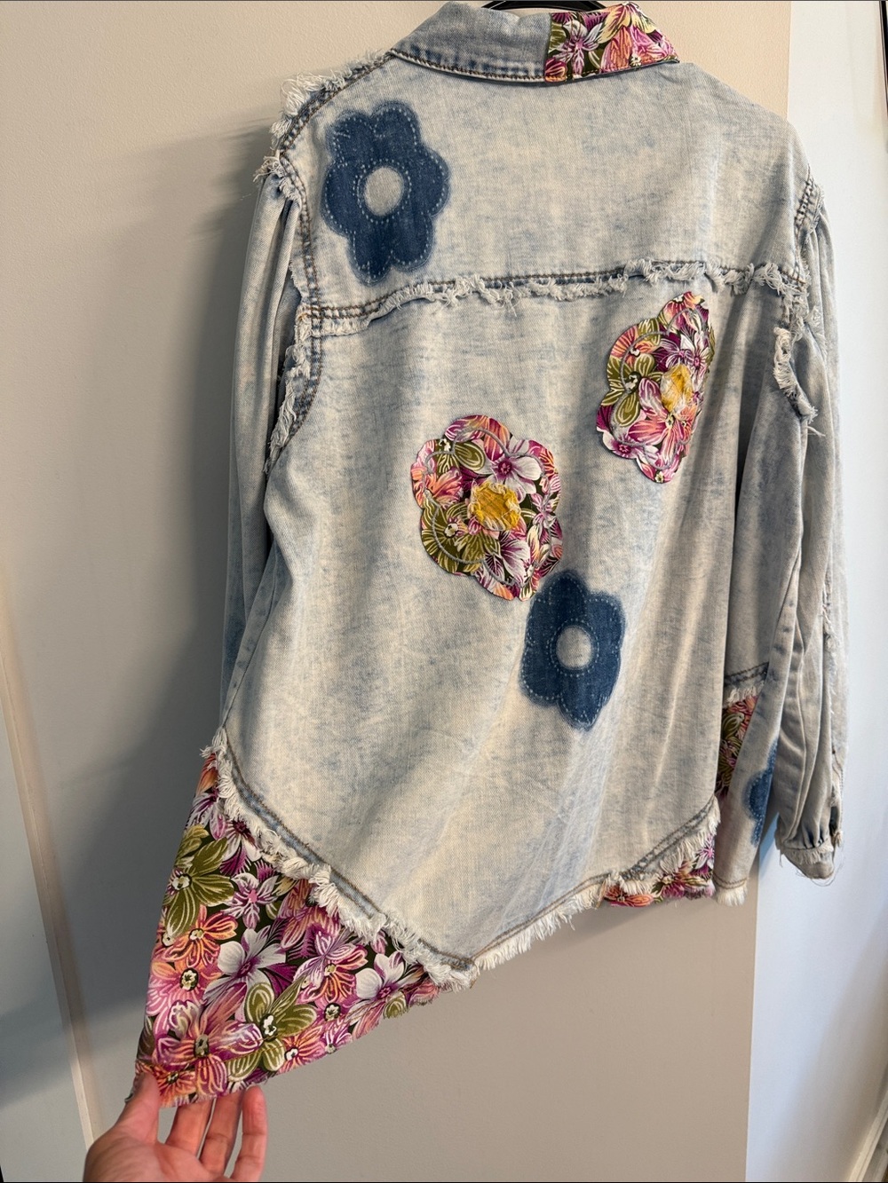 POL Light Blue Acid-Wash Denim Jacket with Pink Floral Patches - Picture 8 of 9
